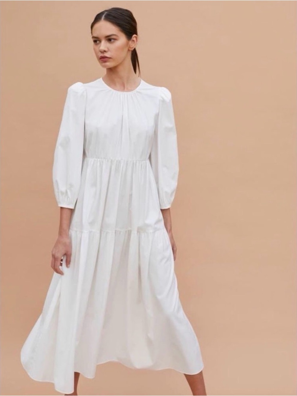 Reformation Linzey White Tiered Midi Puff Sleeve Cotton Dress Size M